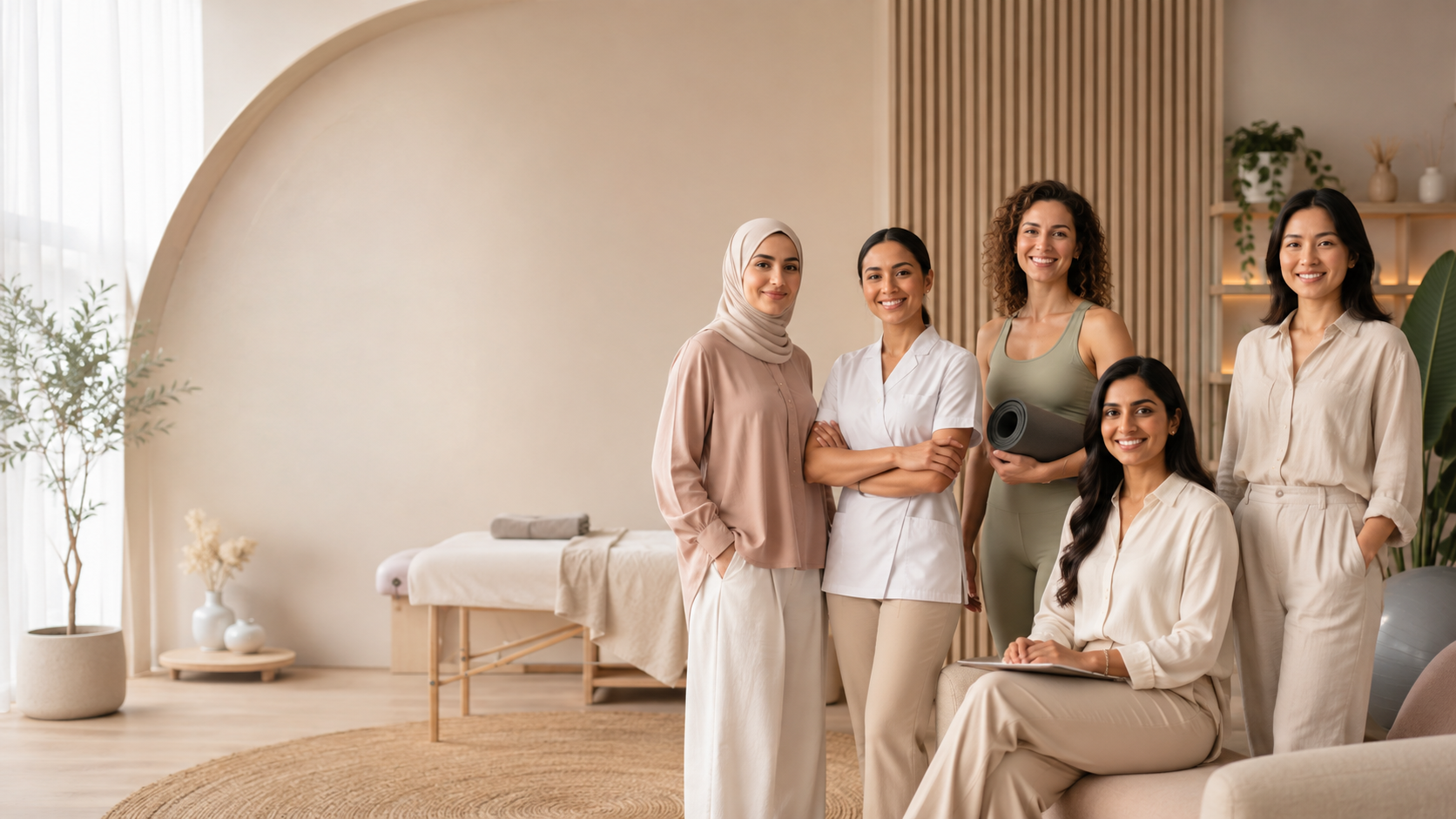 A diverse team of female wellness professionals in a warm, private women-only care setting