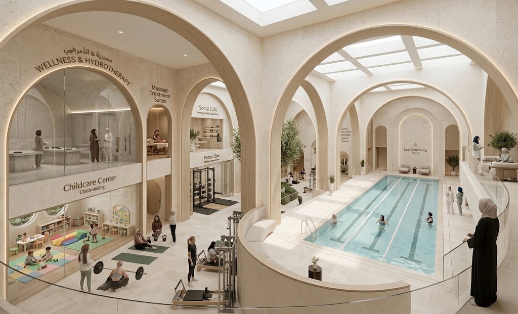 The Welliyah Hub — a sunlit women-only sanctuary with arched walkways, olive trees, a spa pool, yoga studio, salon, café and prayer spaces where women in modest dress move, heal and connect.
