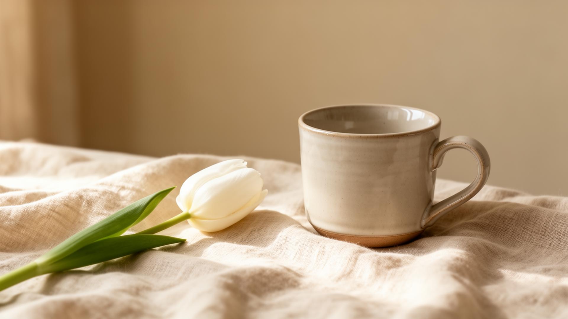 A calm still life with a ceramic cup, white tulip and soft linen — warm cream and sage tones