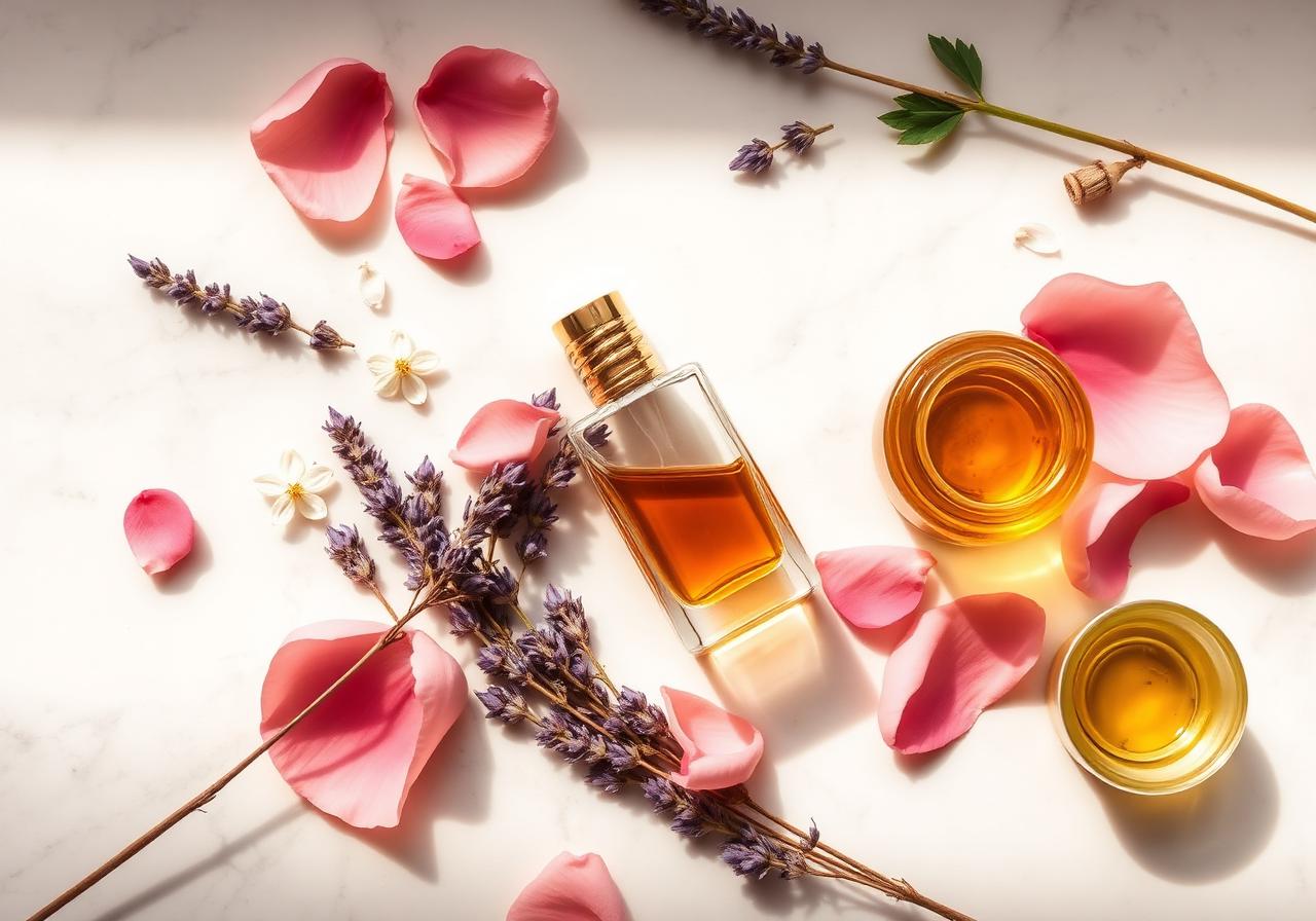 Natural perfume bottle with rose petals, lavender and essential oils on marble