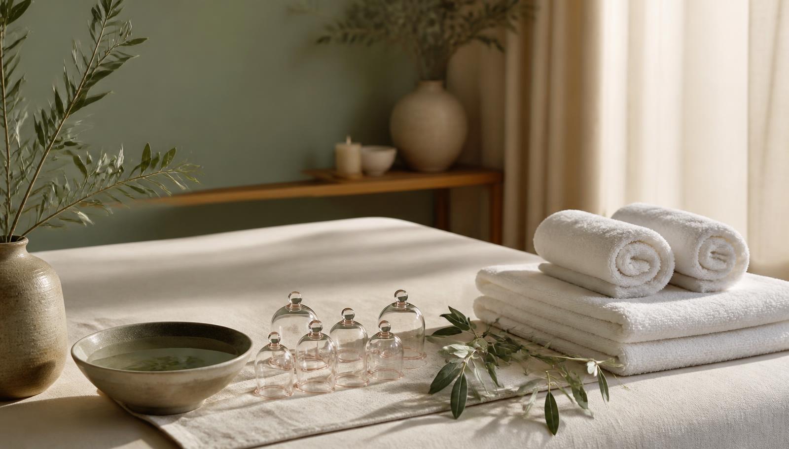 Calm treatment room prepared for a hijama session with glass cupping vessels, clean white towels and olive branches