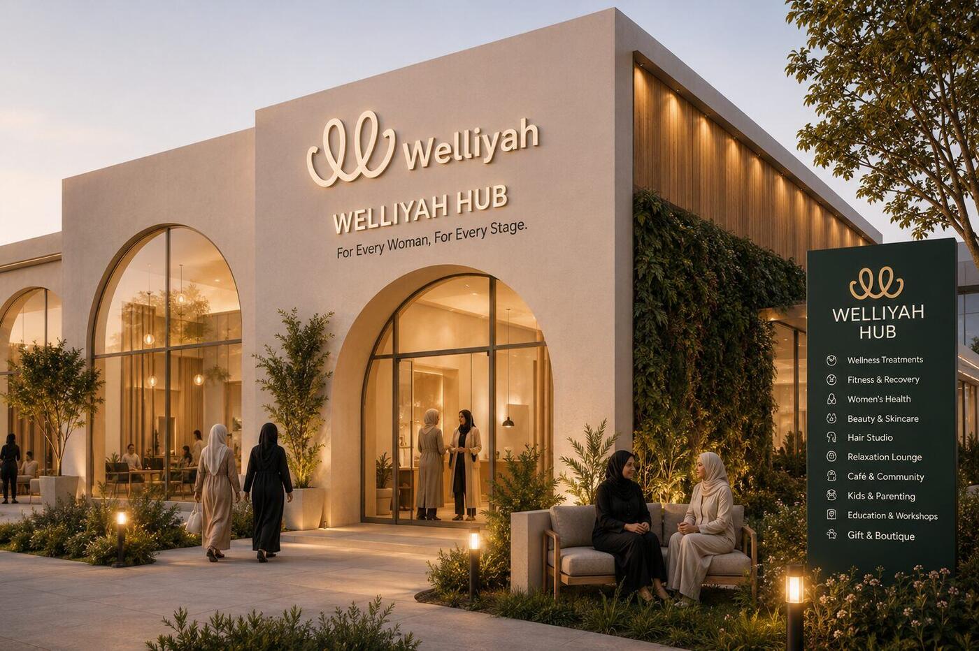 Exterior architectural render of the Welliyah Hub