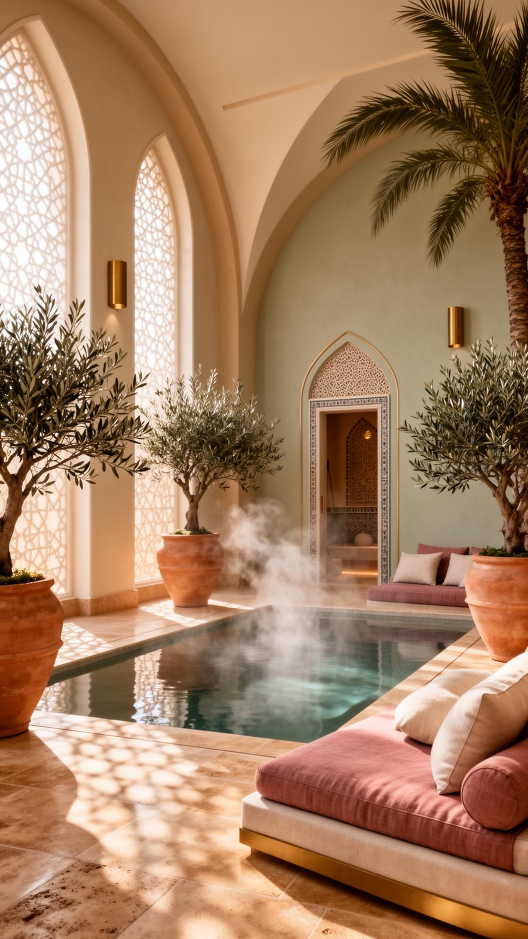 Architectural render of the Welliyah Hub sanctuary — arched mashrabiya windows, steam pool and olive trees
