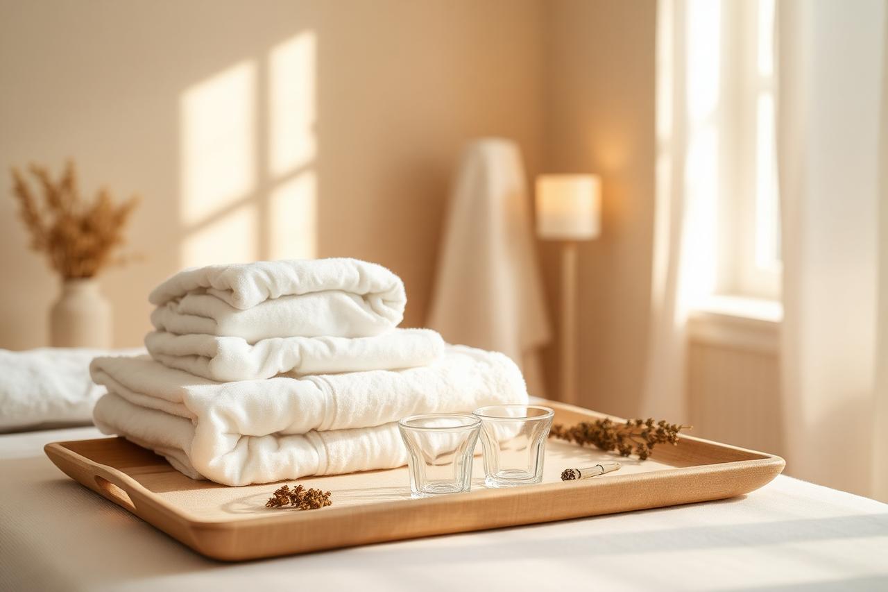 Calm private treatment room with folded white towels and glass cupping cups on a wooden tray in soft daylight
