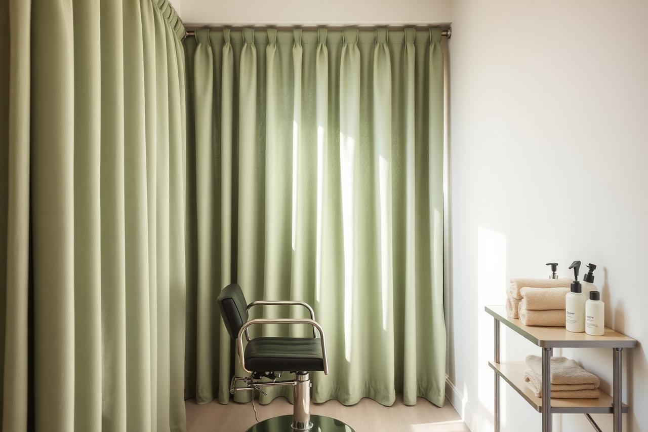 Private salon corner with a single styling chair behind a closed sage green privacy curtain and folded cream towels