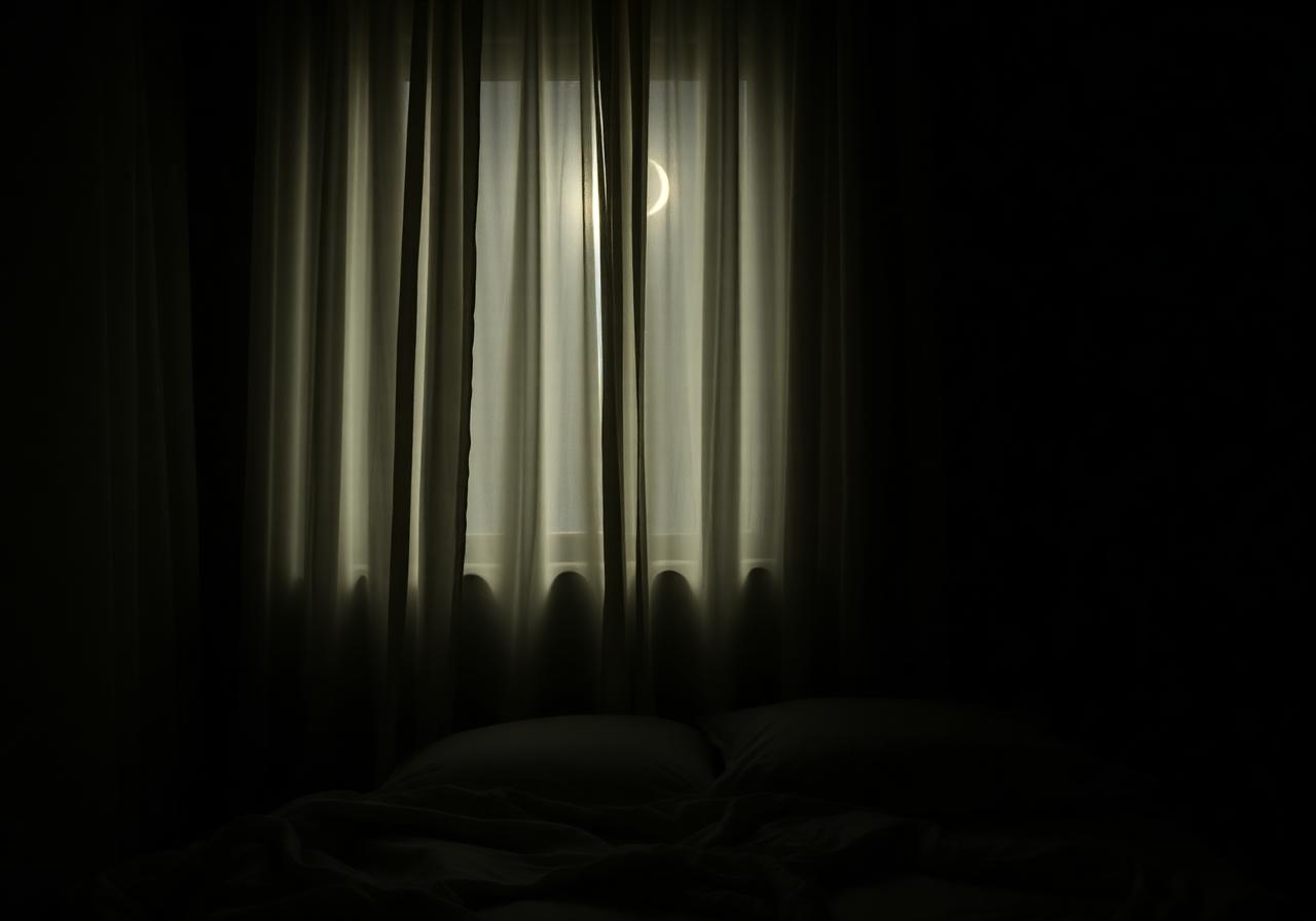 Quiet darkened bedroom at night with soft moonlight through sheer curtains and neatly made linen bedding