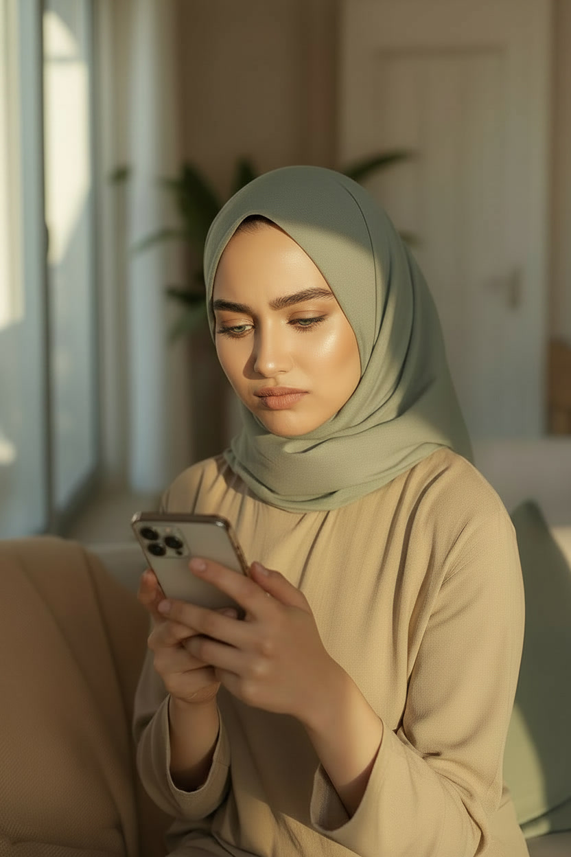 A modestly dressed woman resting her hand on her chest by a sunlit window, seeking peace